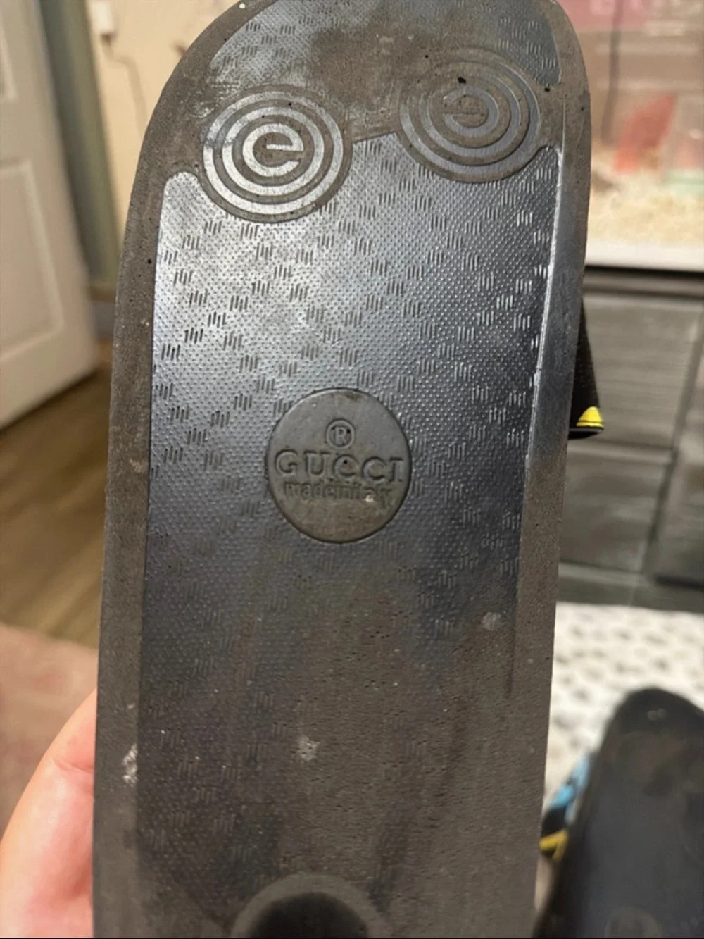 Gucci Black Slides with Yellow and Blue Graphic Strap